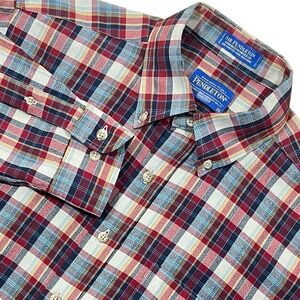 Pendleton 100% Wool Button Down Shirt Mens M Red Blue Plaid Lightweight Classic